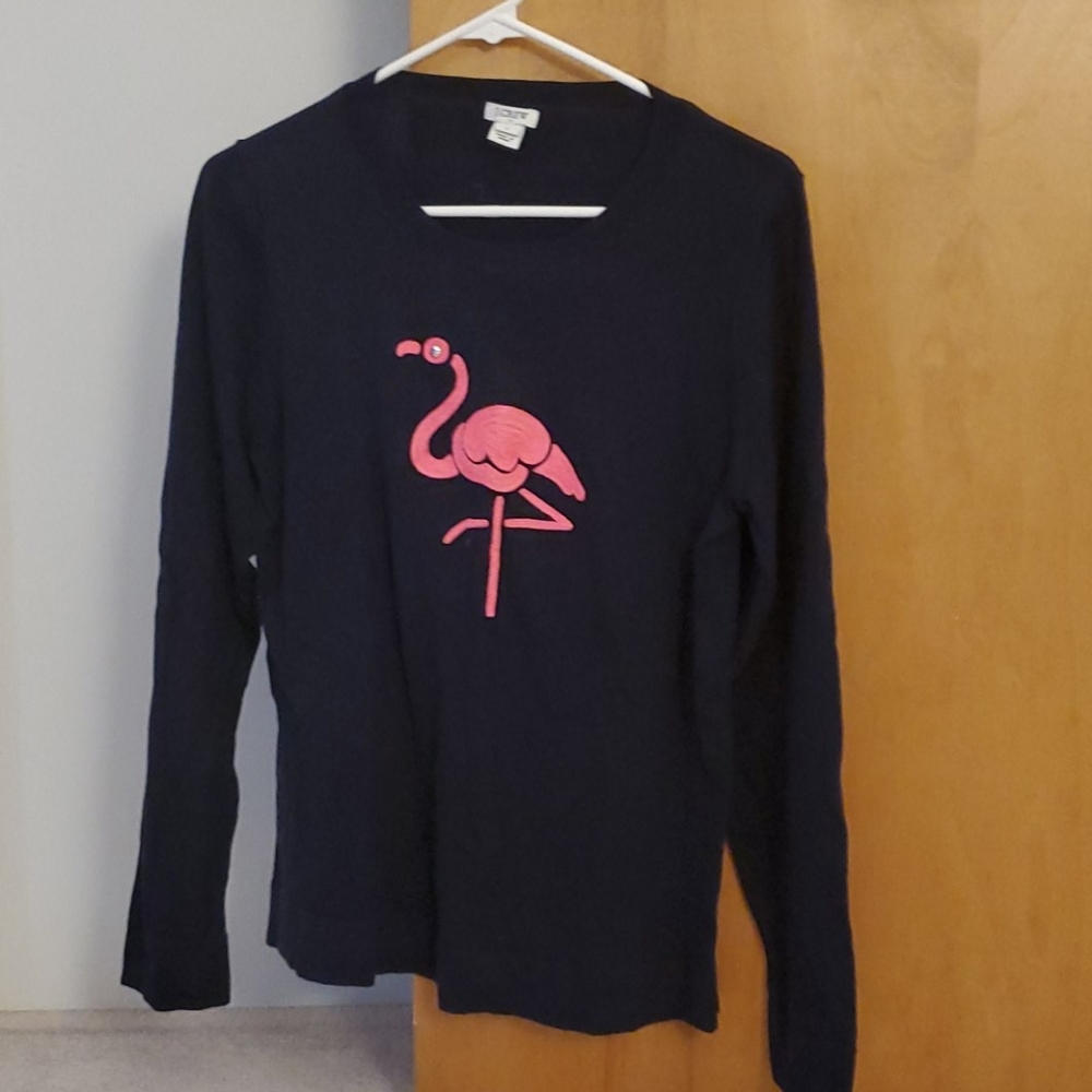 Navy sweater with pink flamingo